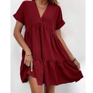 Boho cuff sleeve V neck ruffle hem dress